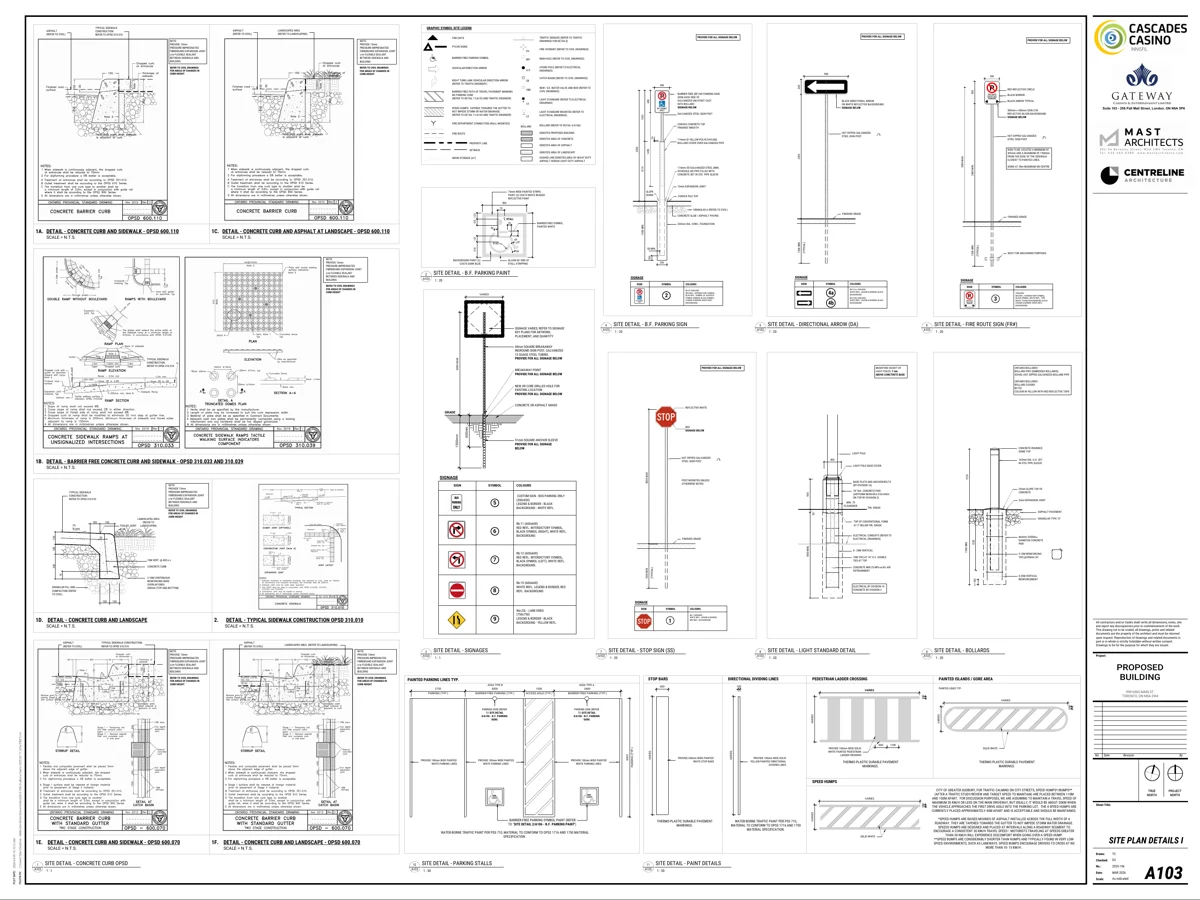 Detail sheet illustrating sign posts, accessible parking markings, curbs, sidewalks and painted traffic controls