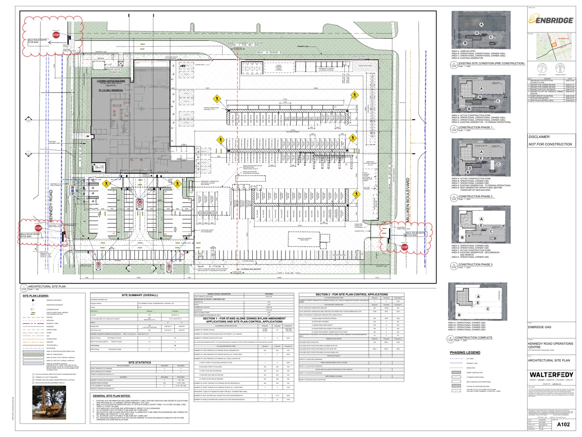 Site plan showing parking rows, pedestrian crossings, stop signs and pavement markings