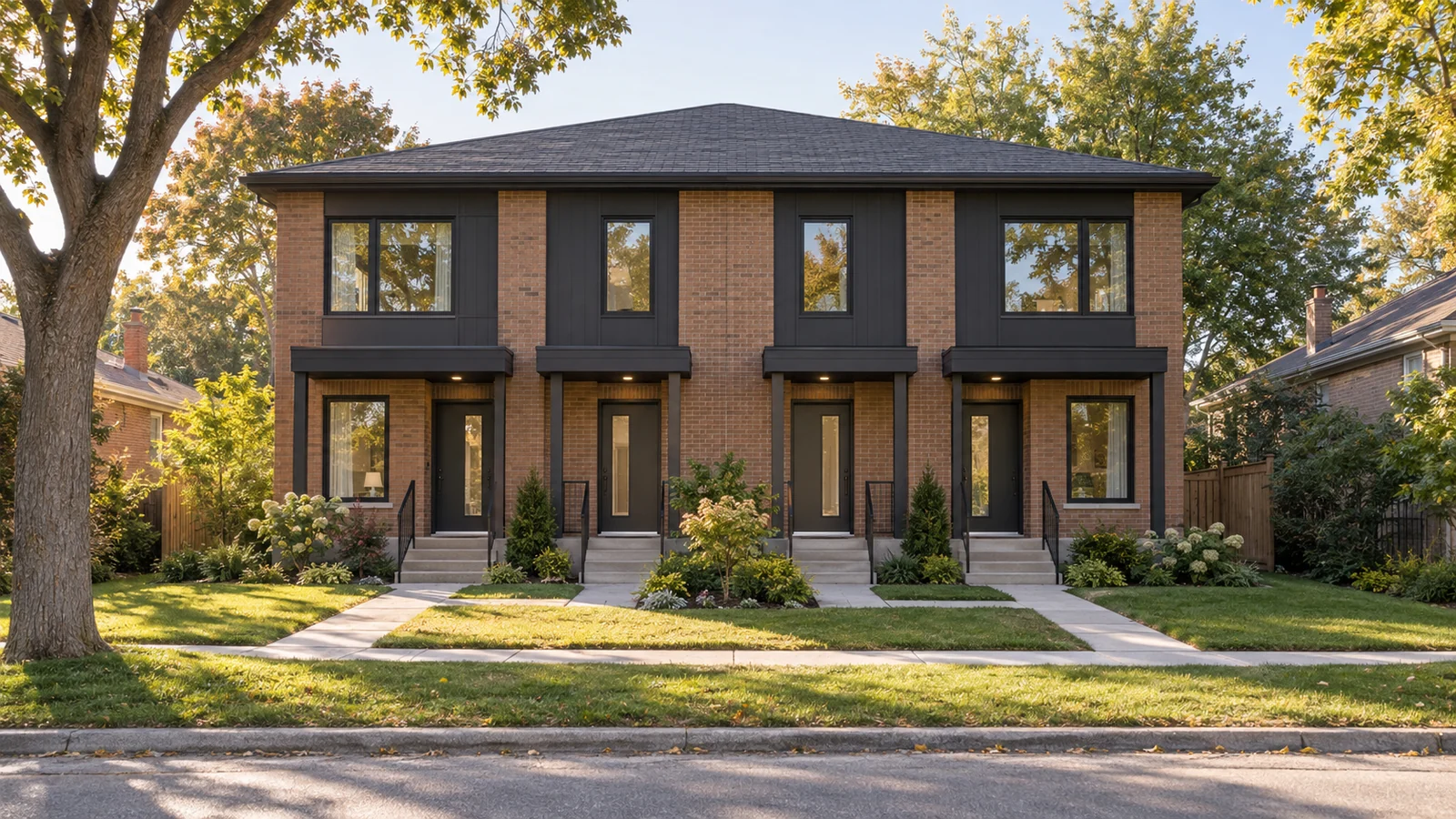Concept: compact multi-unit housing in an Ontario neighbourhood.
